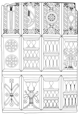 Los naipes más antiguos de Europa, procedentes de Cataluña, a principios del siglo XV. Una hoja sin cortar ni colorear de naipes de diseño árabe; actualmente en el Instituto Municipal de Historia de Barcelona. Redibujado por Karolina Juszczyk a partir de la ilustración de «Moorish playing cards» de Simon Wintle.